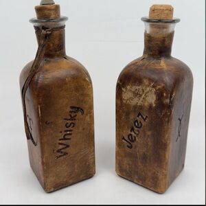 VTG Leather Wrapped Glass Decanter Set Whisky Jerez Spain Mid Century Barware